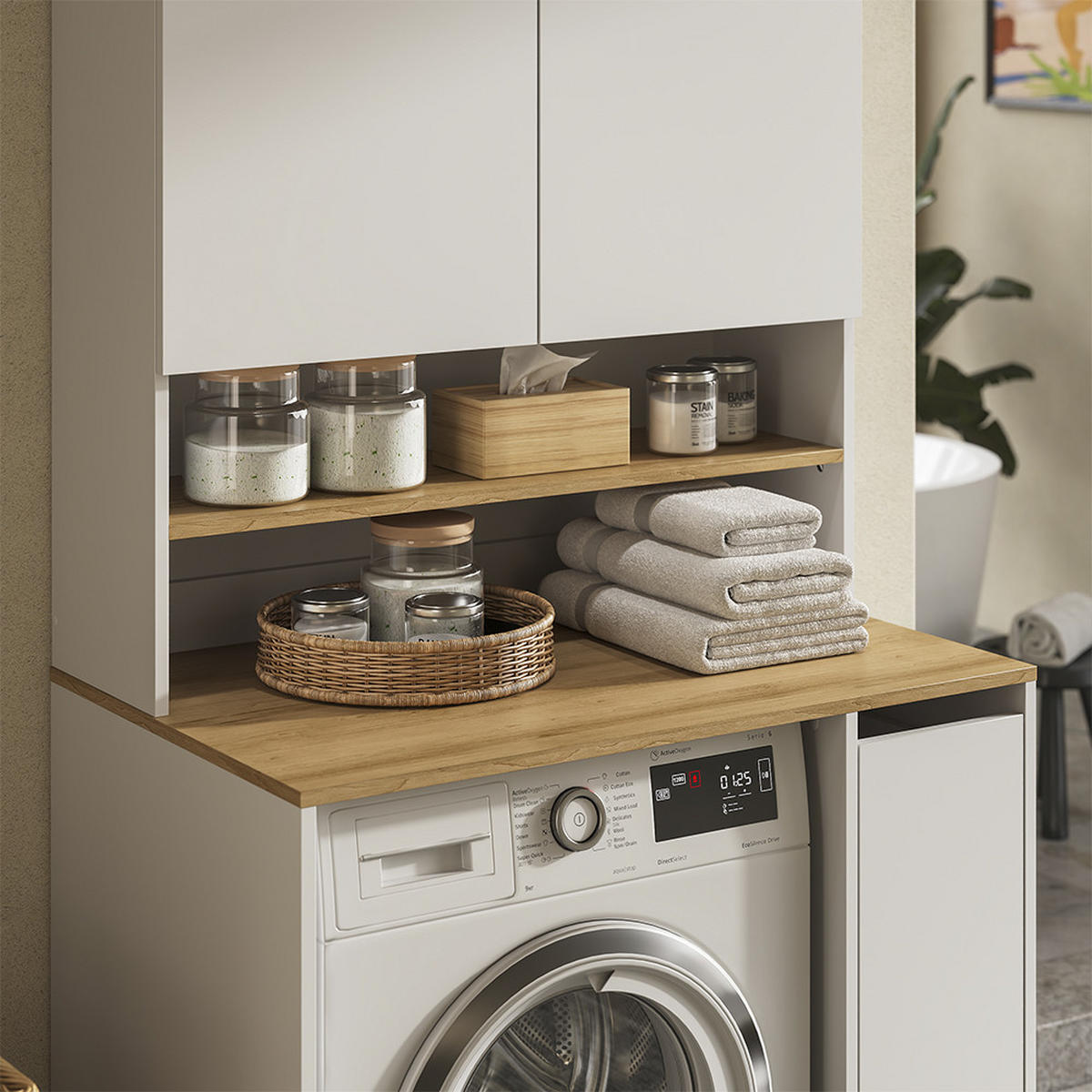 WASCHMASCHINENSCHRANK Viktor, Weiß/Artisan-Eiche, 93.6 x 88.2 cm 2 Teile mit Rollregal - Weiß/Eiche Artisan, Holzwerkstoff (93.6/88.2/60cm) - Vicco