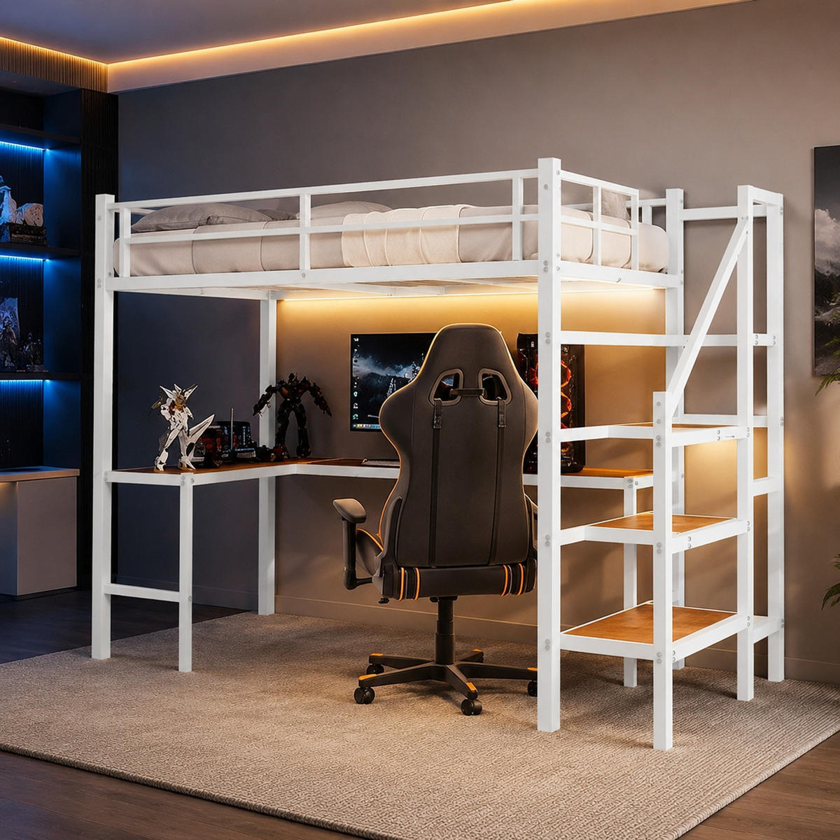 HOCHBETT 90/190 mit L-förmigem Schreibtisch, Stauraumtreppe und Regalen - Weiß, Holzwerkstoff/Metall (90/200cm) - EVRYAE