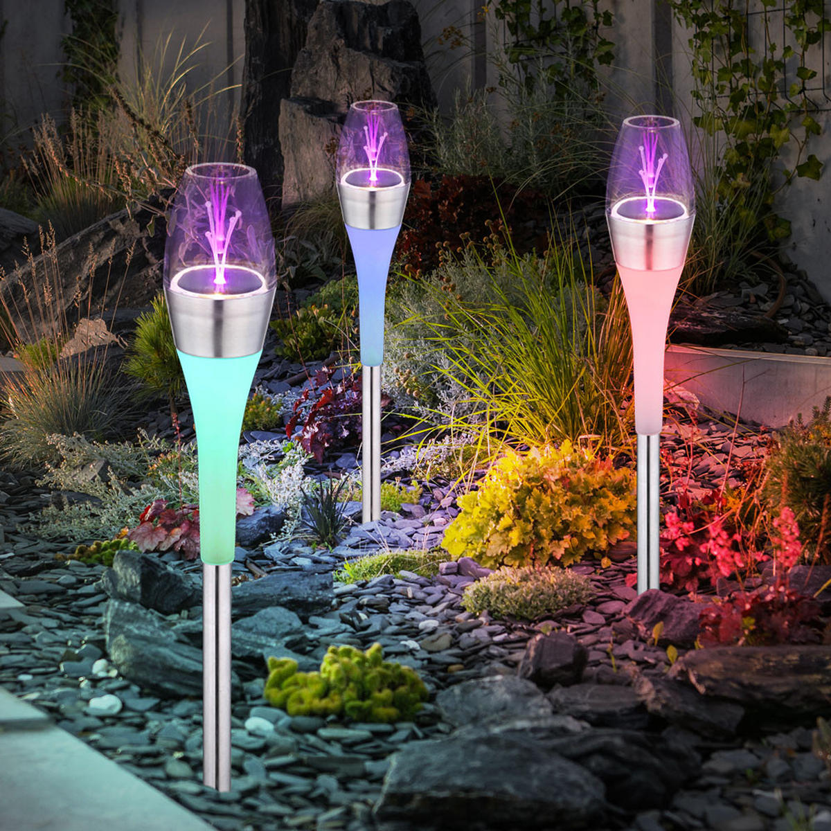 LED AUSSENLEUCHTE Solar Edelstahl Silber 3er Set - Silberfarben, Metall (6.7/6.7/55cm) - Globo Lighting