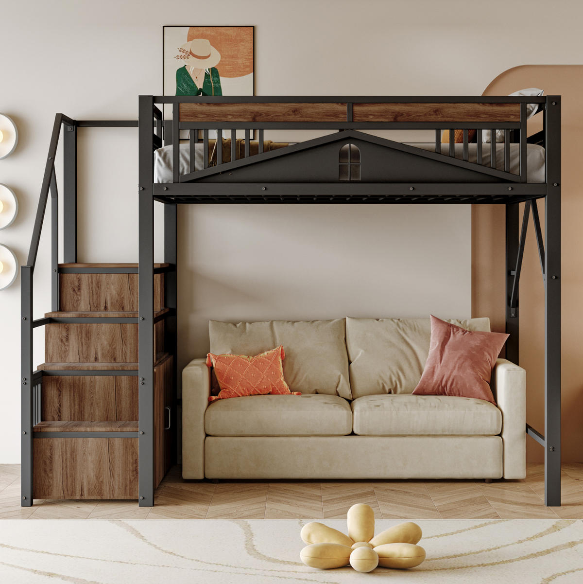 HOCHBETT 140/200 cm aus Metall und Holz mit Stauraumtreppe und Sicherheitszaun Schwarz - Schwarz, Metall (140/200cm) - Modenvie