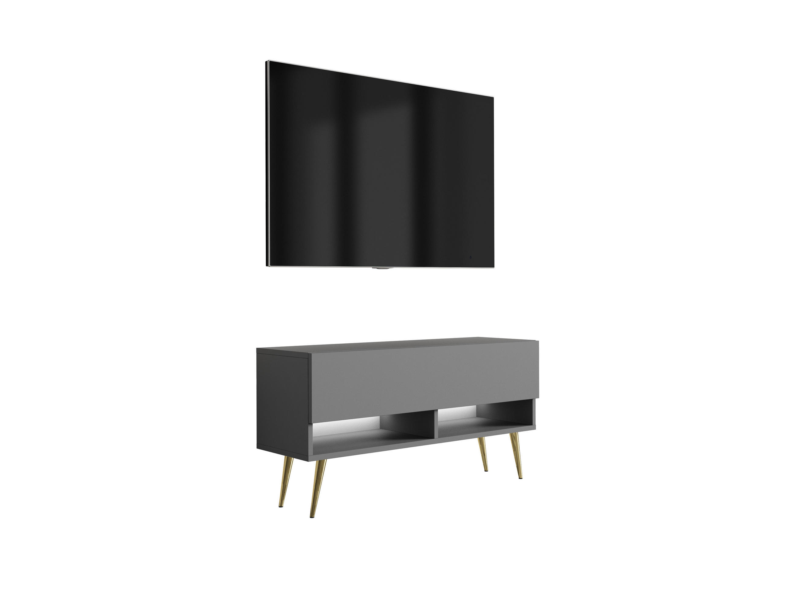 TV-LOWBOARD 100 cm Anthrazit, goldene schräge Beine, weiße LED, 100 × 32 × 52 cm - Grau, Holzwerkstoff (100/52/32cm) - 3XE LIVING