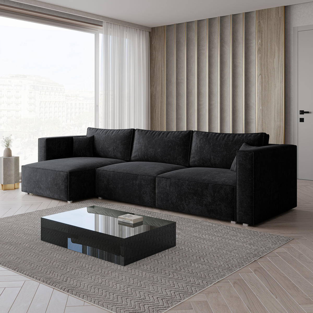 ECKSOFA TOLMO LM Schwarz Chenille mit Schlaffunktion - Schwarz, Holzwerkstoff/Textil (347/148cm) - MASSENO