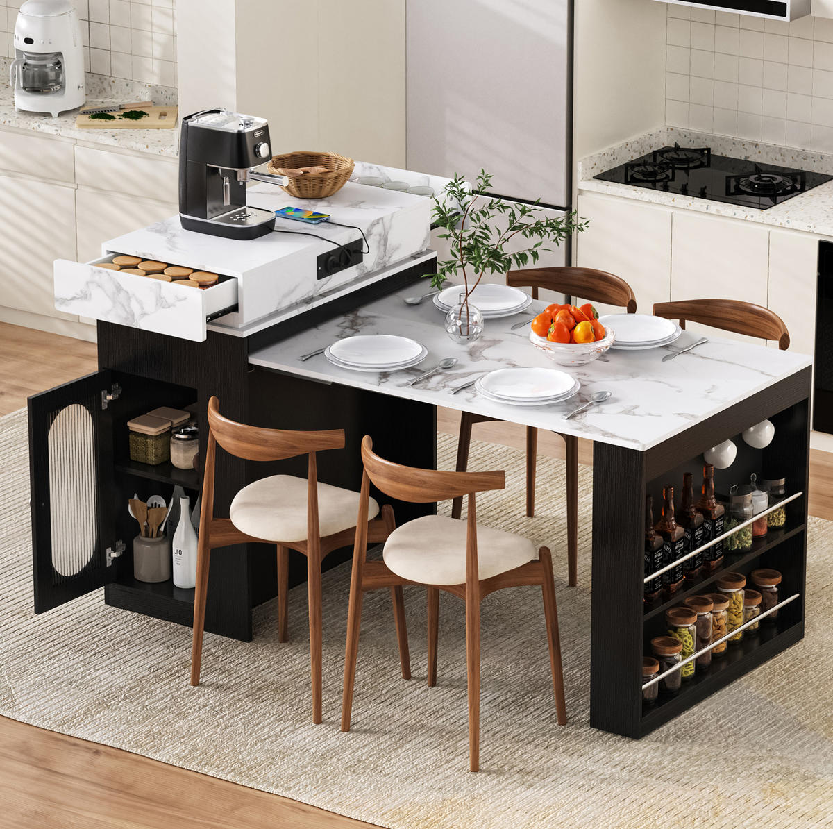 KÜCHENINSEL 83/96/46-146,5 cm Schwarz aus MDF und Glas mit ausziehbarer Tischplatte - Schwarz, Holzwerkstoff (46/96/83cm) - OKMYHOME