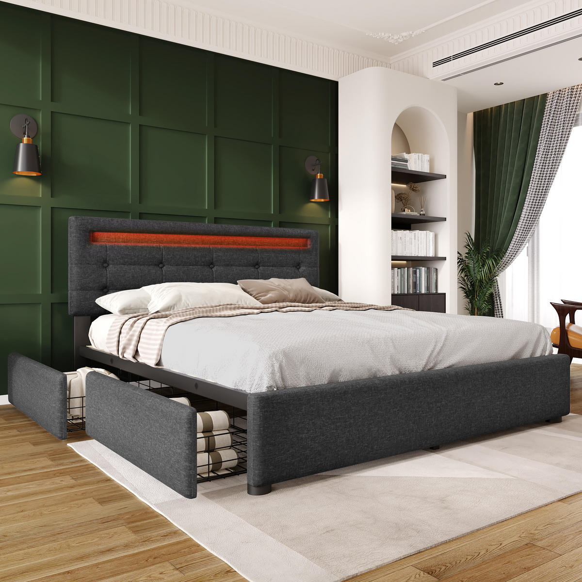 POLSTERBETT 140/200 cm mit LED-Kopfteil, 4 Schubladen & verstellbarem Kopfteil, Grau - Grau, Textil (140/200cm) - Redom