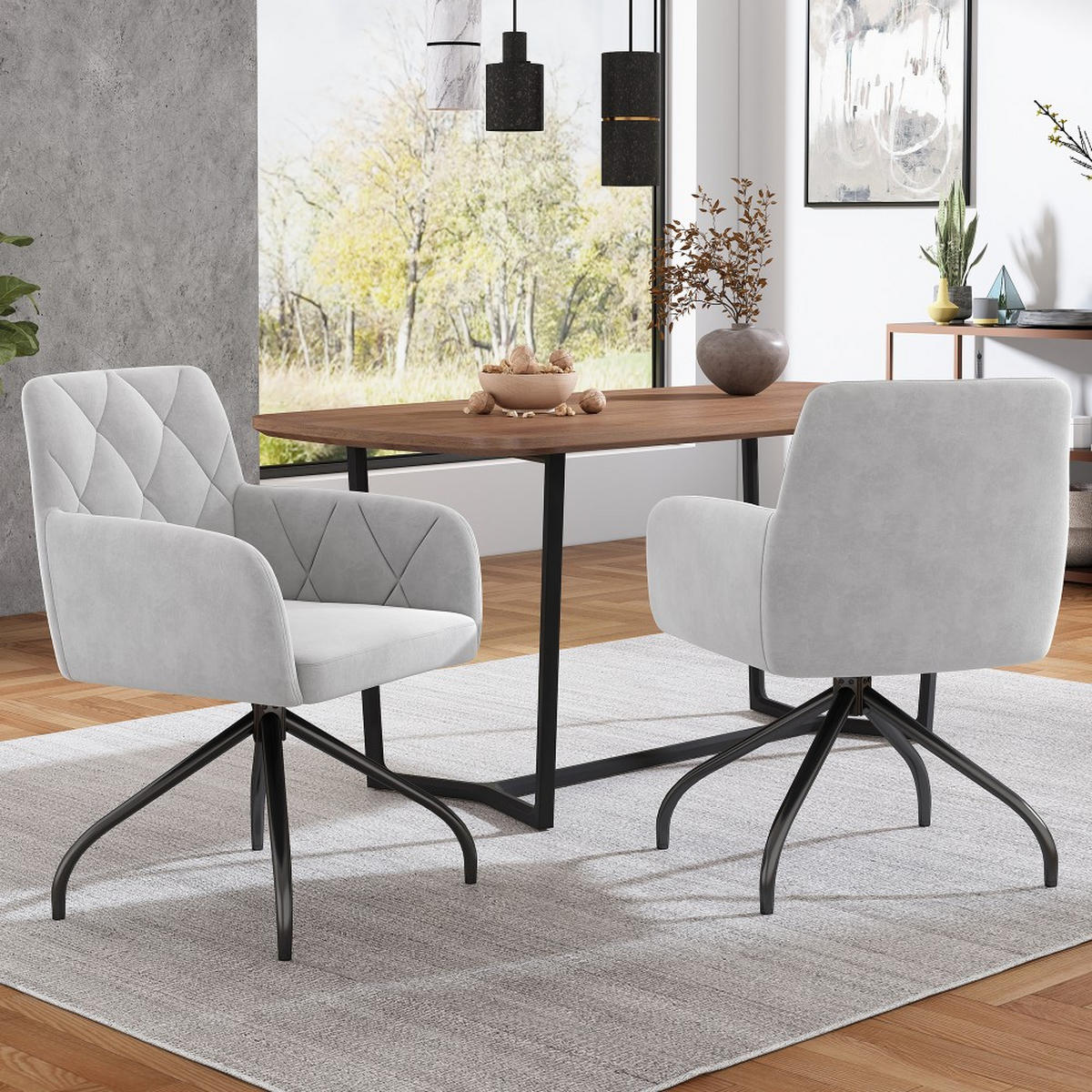 STUHL SET 2 Stück 360° Drehbarer mit Rautenmuster in Grau - Grau, Textil (54/85/60cm) - KOMHTOM