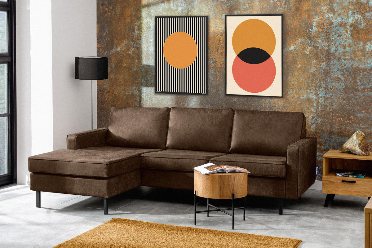 ECKSOFA-LINKS INVIA mit Armlehnen vintage, Lederoptik-Stoff, dunkelbraun - Dunkelbraun/Schwarz, Textil (234/160cm) - KONSIMO®