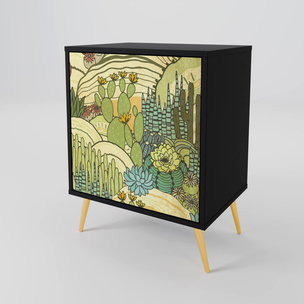 SIDEBOARD SUCCULENTS KALEIDOSCOPE, Schwarz, 57,5x42x77,5 cm, Schräge Buchenholzfüße - Buchefarben/Multicolor, Holzwerkstoff/Buchenholz (57.5/77.5/42cm) - SpaceRebels