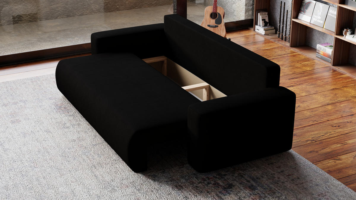 SOFA Bubi mit Bettkasten und Schlaffunktion, Velourstoff - Schwarz, Holzwerkstoff (242/85/95cm)