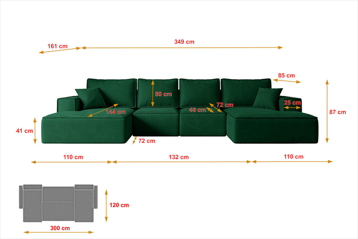 WOHNLANDSCHAFT mit Schlaffunktion und Bettkasten SIERRA-U-S - 349x161x87 cm Grün Velours - Schwarz/Grün, Holzwerkstoff/Kunststoff (349/87/161cm) - ALTDECOR