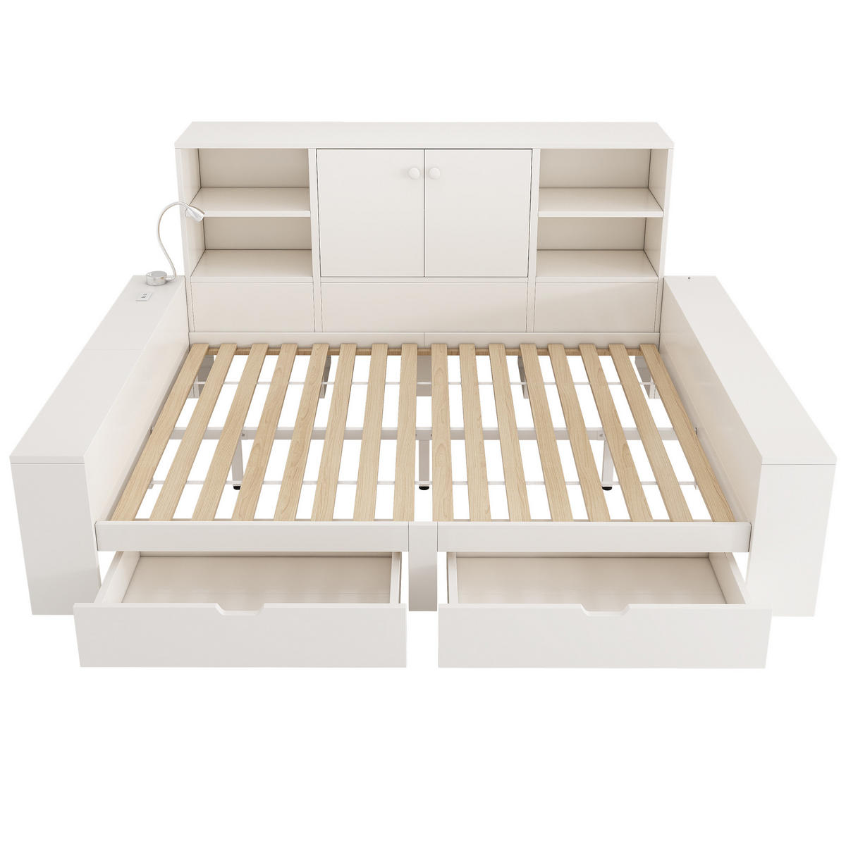 POSTEĽ s úložným priestorom 140/200 cm biela s USB, zásuvkami a policami z MDF a preglejky - biela, kompozitné drevo (140/200cm) - OKWISH
