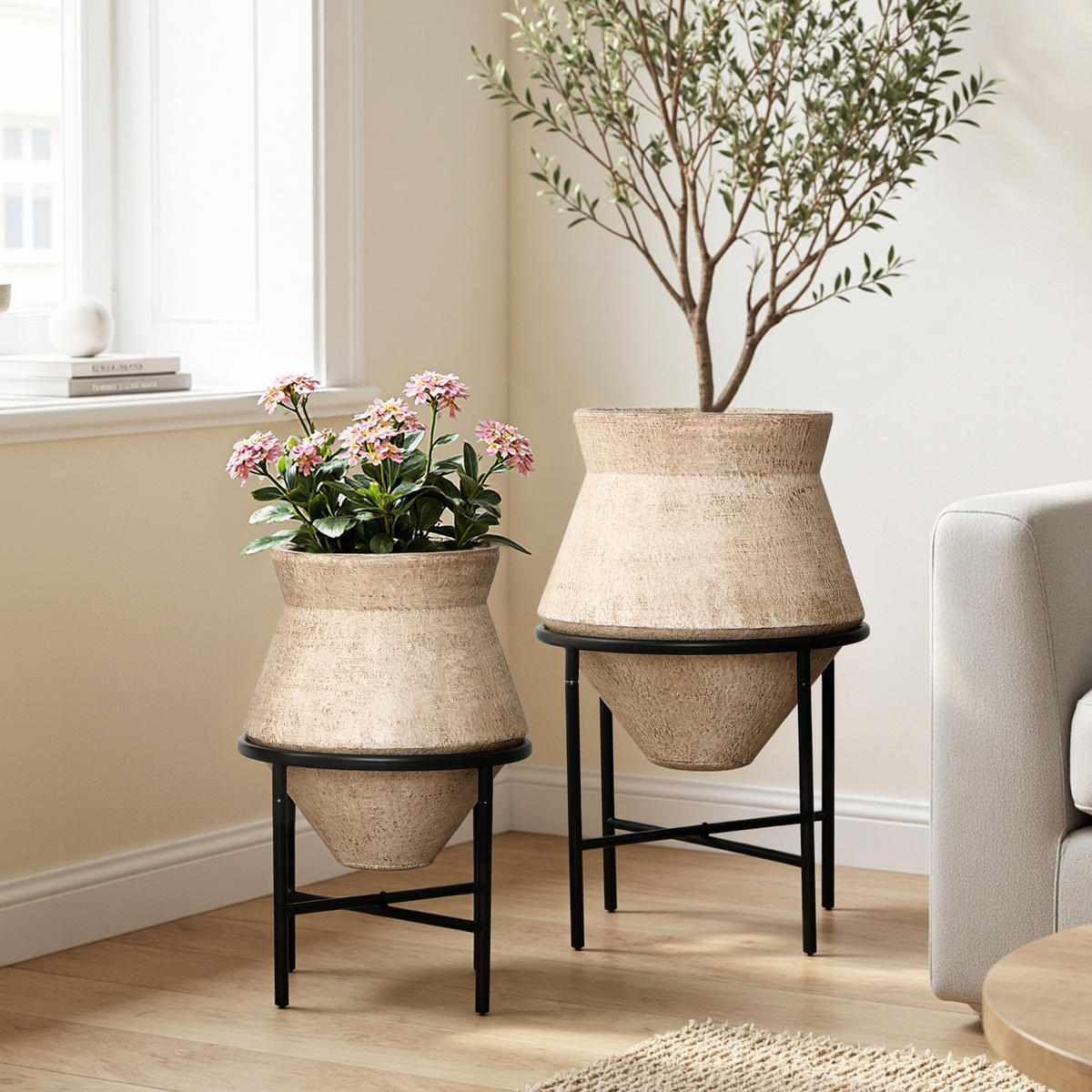 BLUMENTOPF Set 2er aus Eisen, Durchmesser 31&25 cm - Hellbraun, Metall (40/62/40cm)