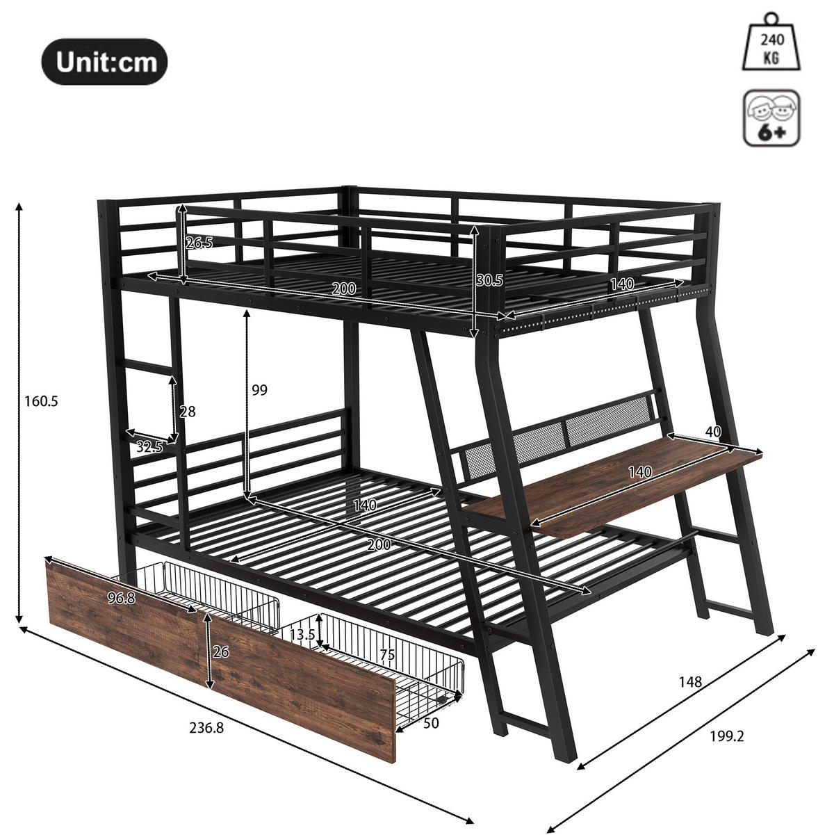 HOCHBETT aus Metall und MDF 140x200 cm Schwarz mit LED-Leiste, Schubladen, Treppe und Schreibtisch - Schwarz, Metall (140/200cm) - Modfu