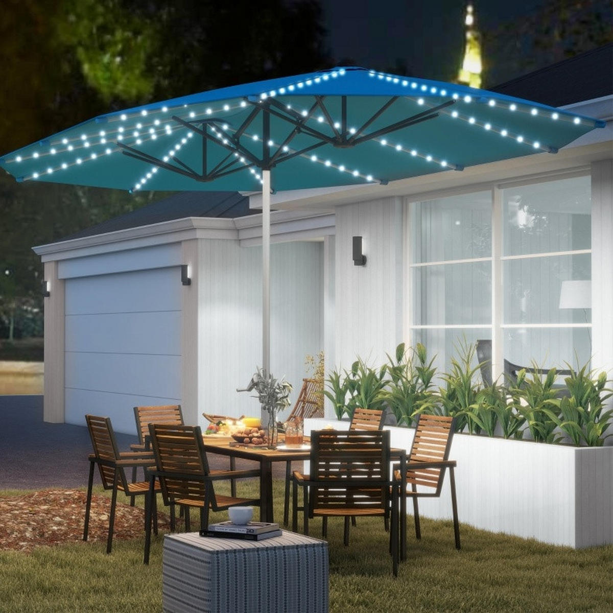 DOPPELSONNENSCHIRM aus Aluminium 451x267 cm in Blau mit Solar-LED & Kurbel - Blau, Metall (267/451cm) - Modfu