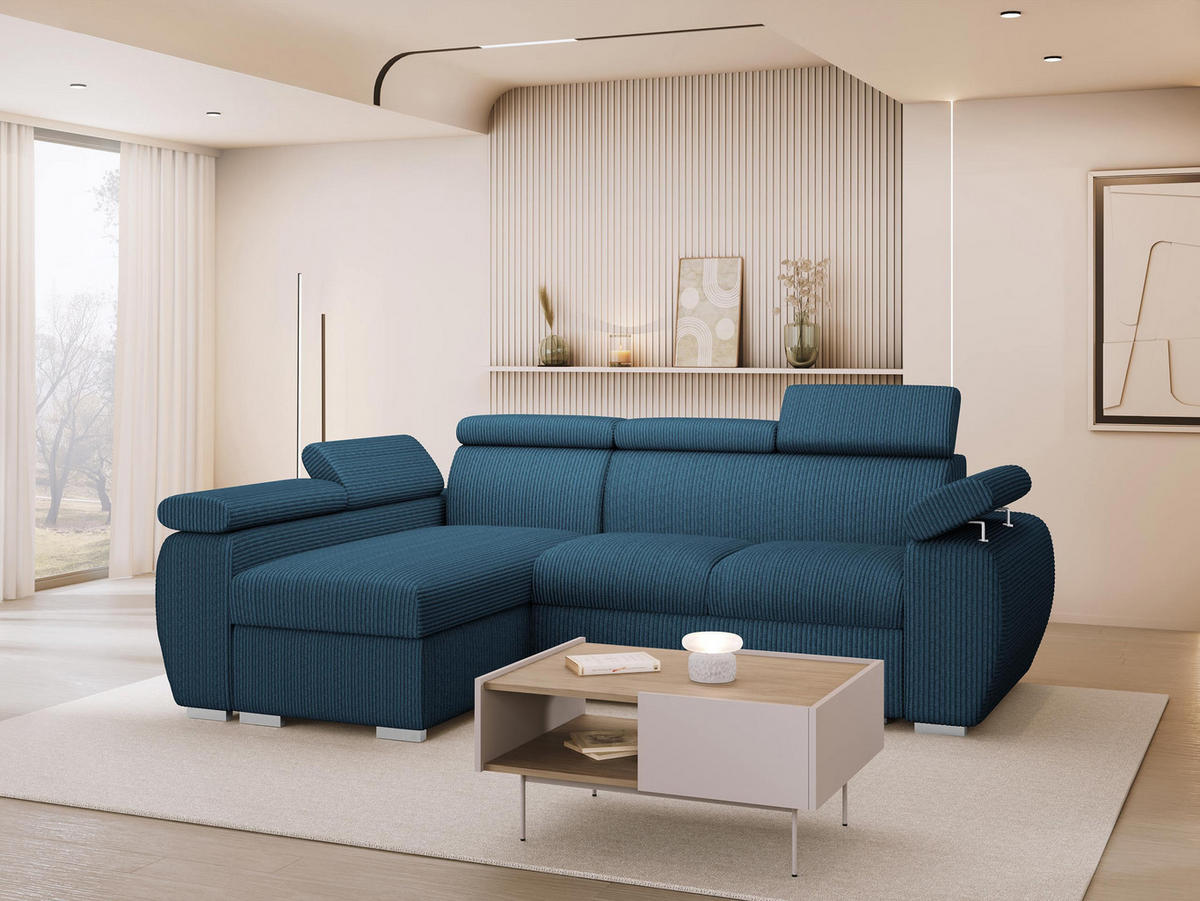 ECKSOFA Boston Mini Premium Cord 2RLC, Seite: Links LC+2R - Chromfarben/Blau, Holz/Textil (255/170cm) - MIRJAN24