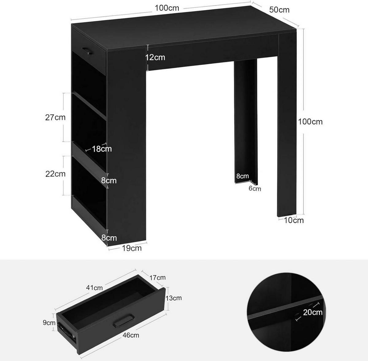 BARTISCH mit 1 Schublade 3 Ablagen, Weinregal, Schwarz - Schwarz, Holzwerkstoff (100/100/50cm) - Woltu