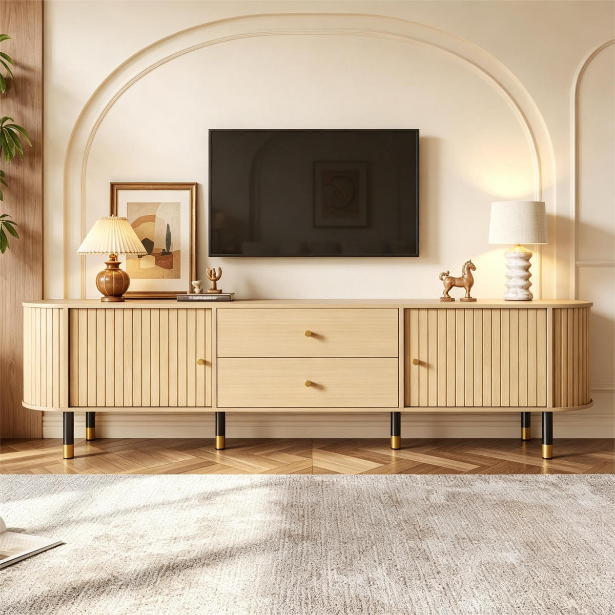TV-ELEMENT180X40X58CM mit Schiebetüren und Schubladen in Naturfarbenholzoptik - Naturfarben, Holz (46.51/18.01/75.79cm) - Raelunyi