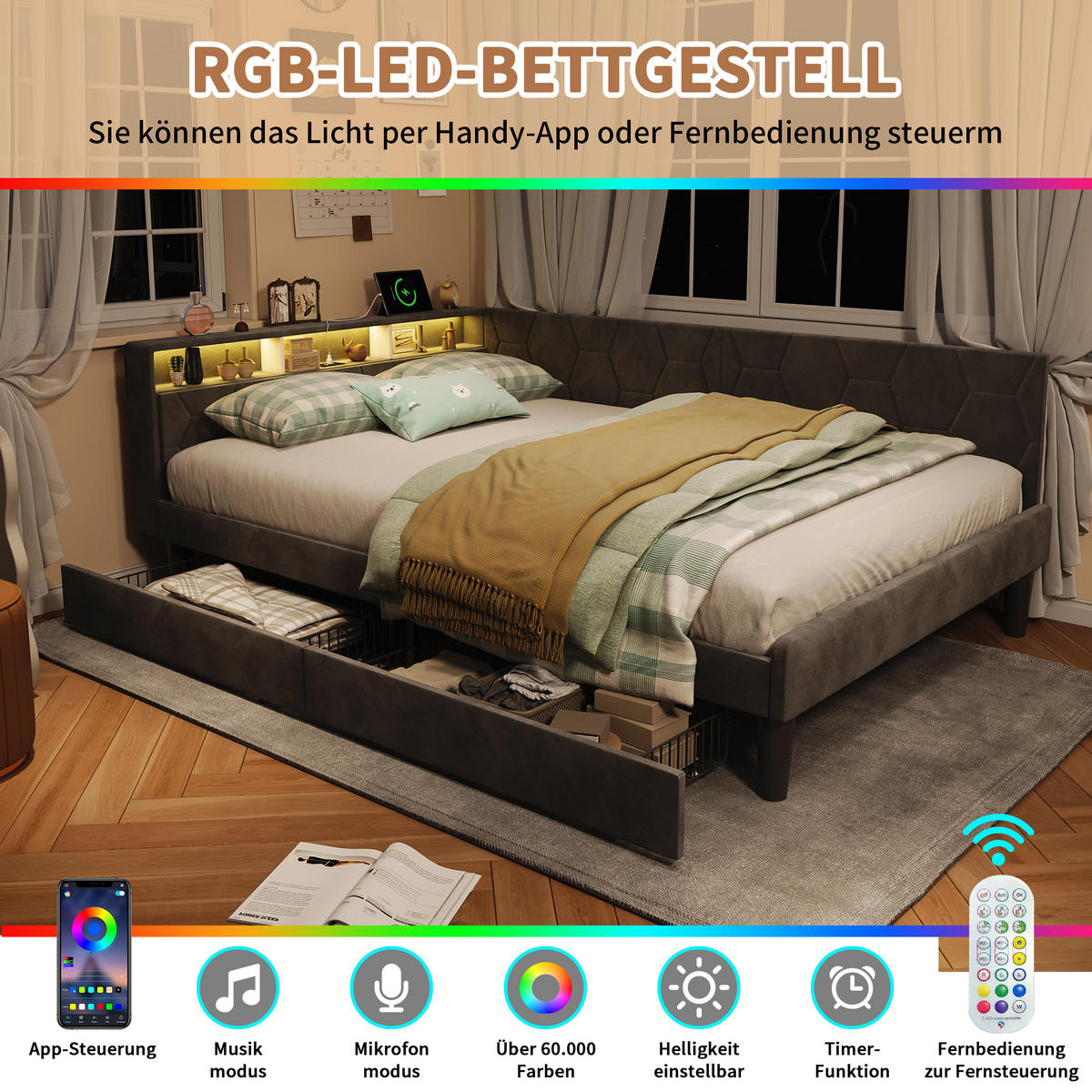 POLSTERBETT 140/200 cm Grau mit Schubladen und USB-Anschlüssen - Grau, Holz (140/200cm) - SHOPENTRA