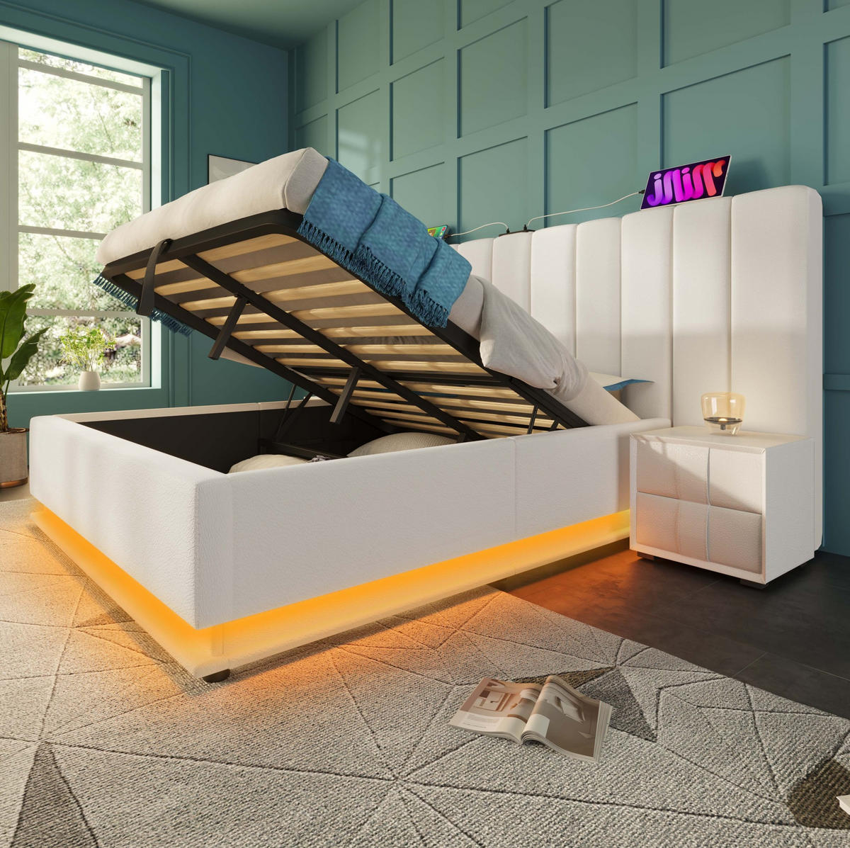 BETT mit Stauraum, LED und Ladefunktion 180x200 cm PU Weiß - Weiß, Metall (180/200cm) - Meubliv
