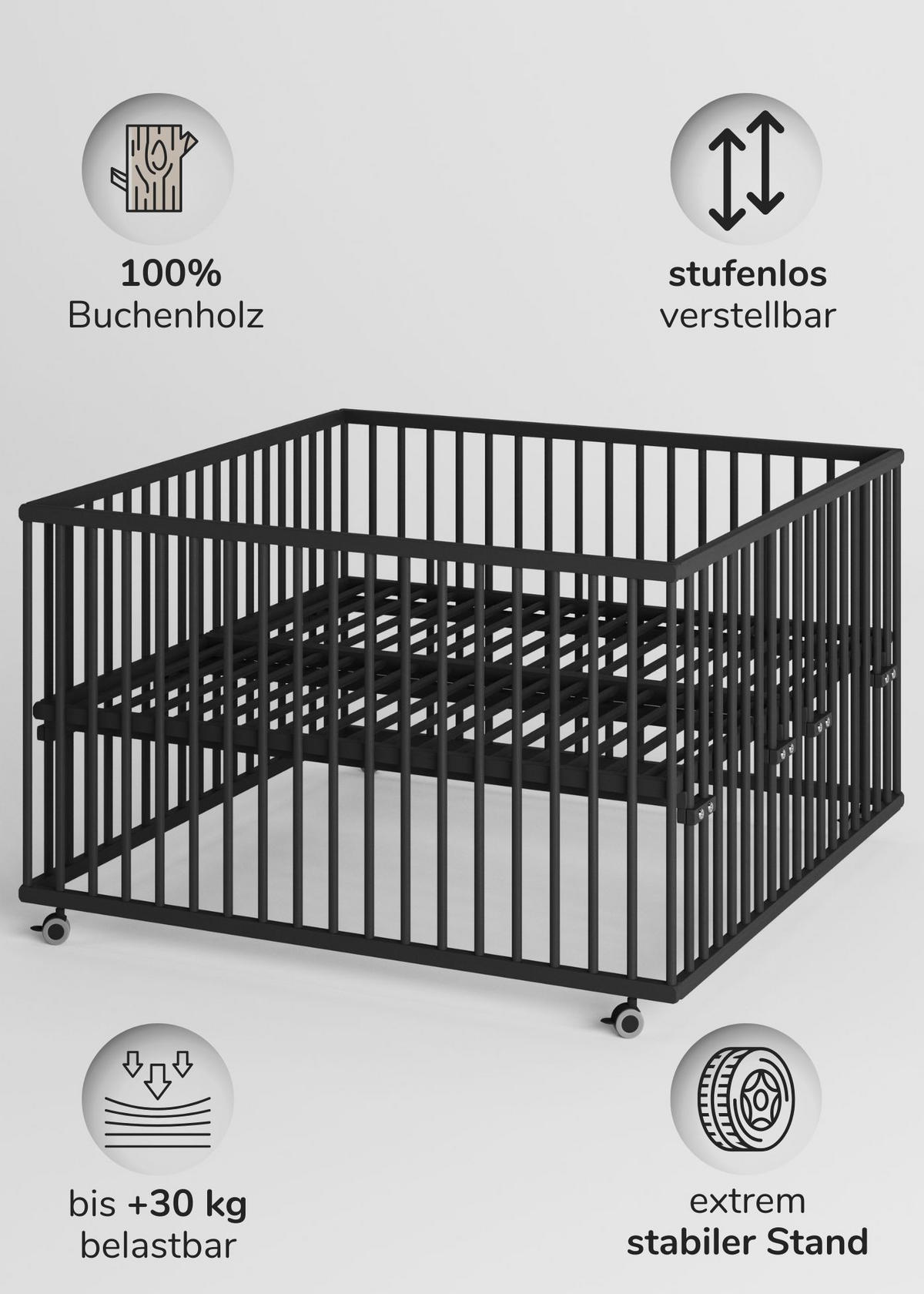 LAUFGITTER XXL 120x120 cm mit Matratze, Lattenrost & Schlupfsprossen - Black Edition - Premium Kollektion - Schwarz, Holz (120/74/120cm) - Sämann – make a difference.