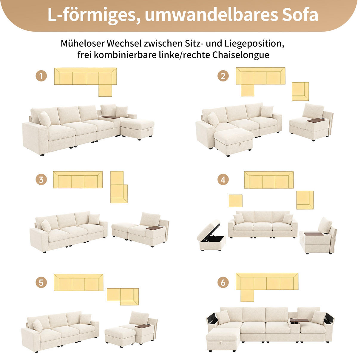 ECKSOFA 313/147/82 cm Beige mit Stauraum, USB-/Typ-C, Getränkehaltern und 360° drehbarem Couchtisch - Beige, Textil/Metall (313/147cm) - Oxeza