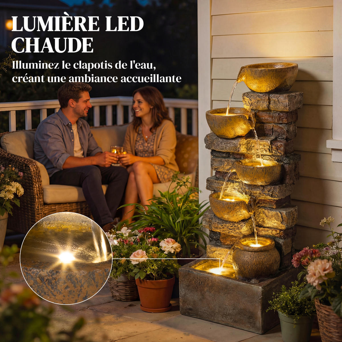 GARTENBRUNNEN DE-18871 5-stufige Kaskade mit Krügen & LED Rustikales Braun - Multicolor, Kunststoff (31/25.5/72cm) - ComfortXL