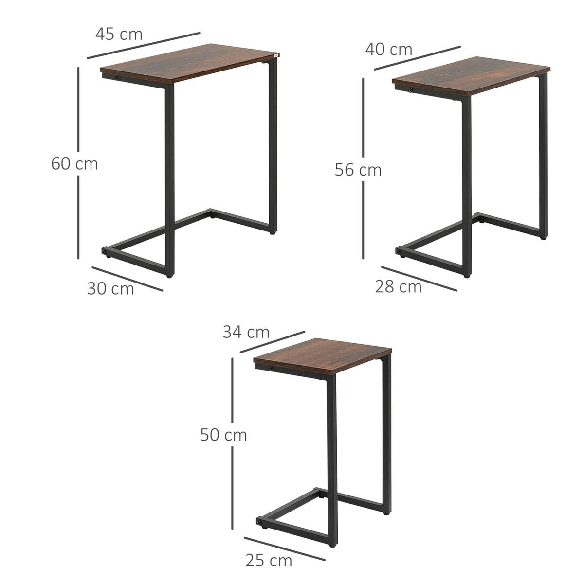 BEISTELLTISCH-SET 45/30/60 cm in Braun, 3-teilig im Industrie-Stil - Braun, Holzwerkstoff (30/45/60cm) - Flora Grace