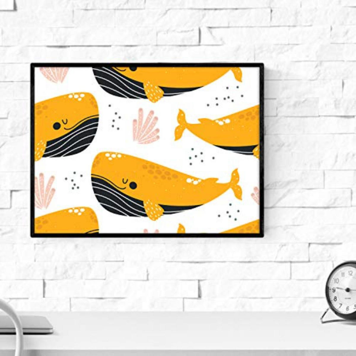 POSTER Set mit 4 Orange graue rosa Wale A4 Schwarzer Rahmen - Schwarz, Papier (29.7/3cm) - Nacnic