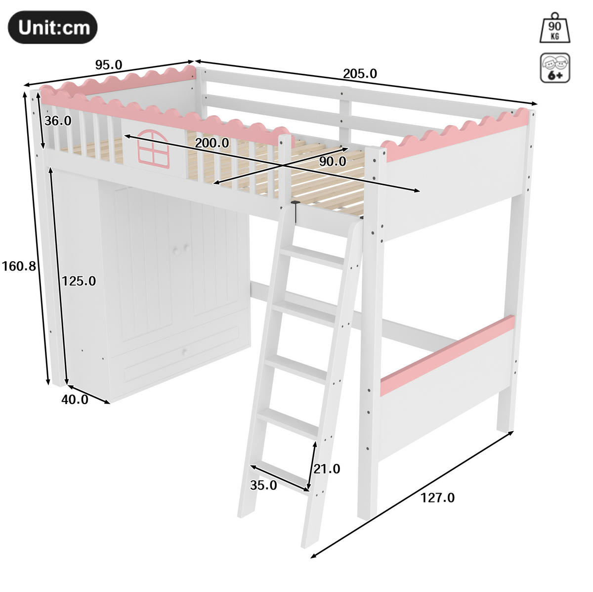 HOCHBETT 90/200 cm Weiß mit LED-Leuchten und Kleiderschrank mit Matratze - Weiß, Holzwerkstoff (90/200cm) - OKWISH