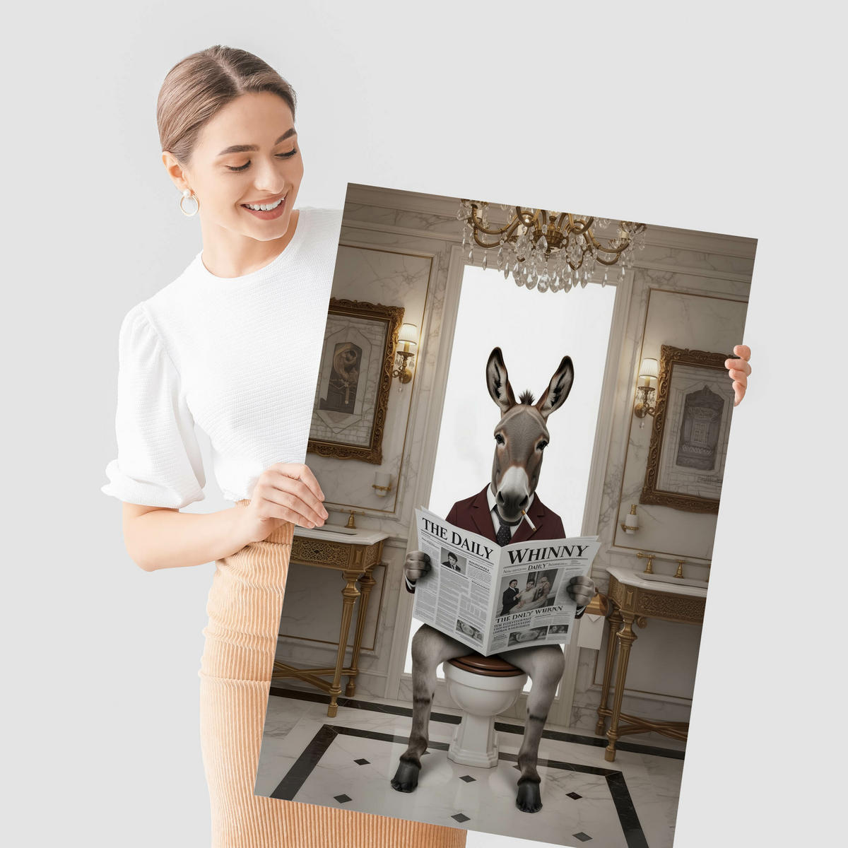 POSTER für Badezimmer WC ESEL im Anzug auf Toilette mit Zeitung Glamour 50x70cm - Beige/Schwarz, Papier (50/70/70cm) - Muralo