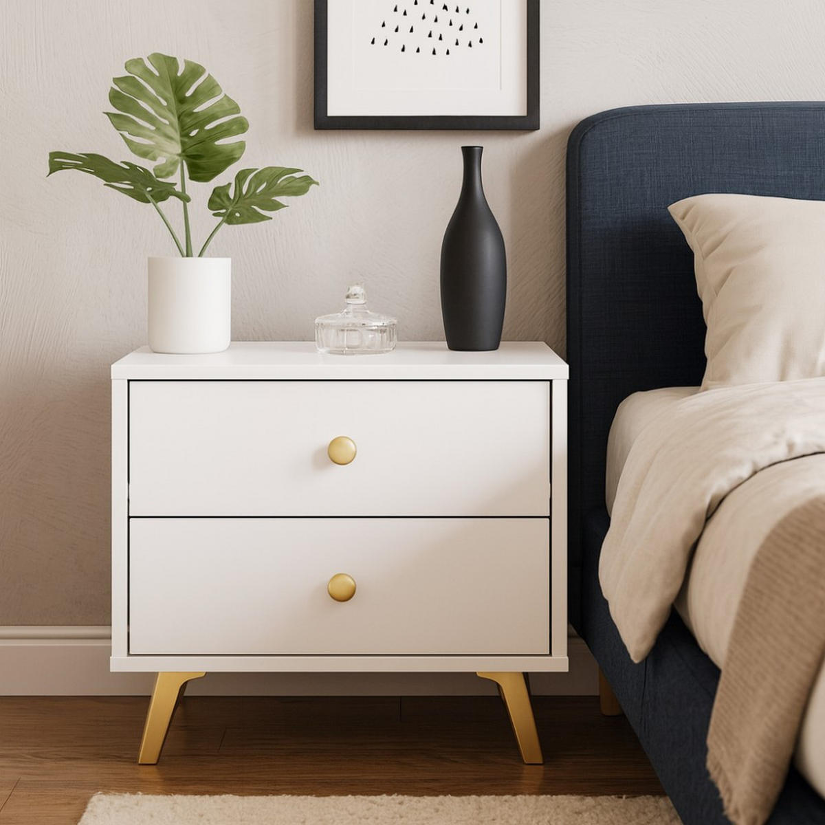 NACHTTISCH Solea mit 2 Schubladen, Weiß - Goldfarben/Weiß, Holzwerkstoff (54/48/41cm) - Beautysofa