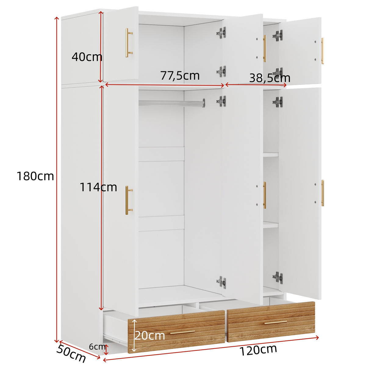 KINDERKLEIDERSCHRANK 120x50x180cm Weiß mit Oberfach und Schubladen - Weiß, Holz (61.6/13.49/133.3cm) - Raelunyi