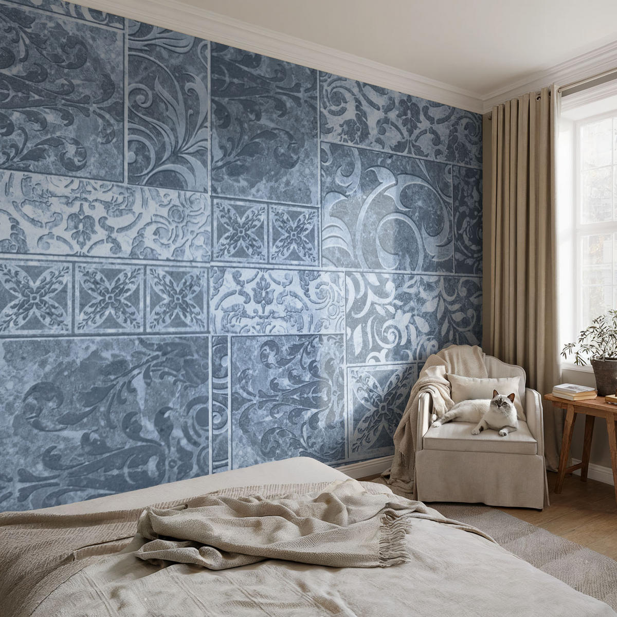 FOTOTAPETE 104x70 cm - Pflanzenornamente - Blau, Textil (104/70cm) - Wallfluent