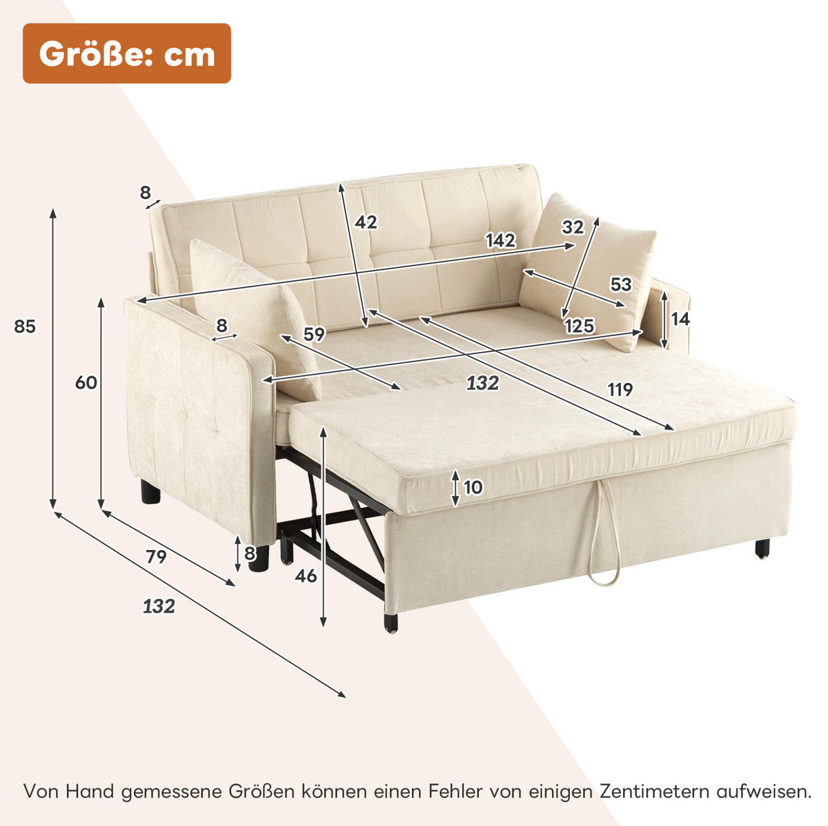 SCHLAFSOFA Chenille mit Ausziehfunktion und 2 Kissen Beige 142/79/85 cm - Beige, Textil (79/85/142cm) - Redom