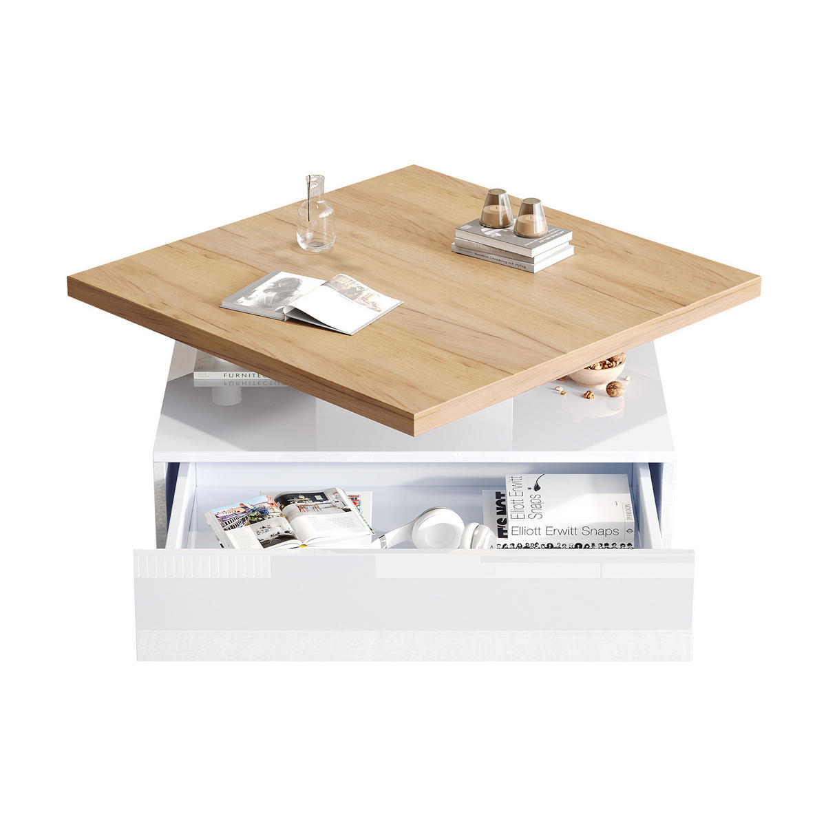 COUCHTISCH 70/70/36 cm weiß Hochglanz mit 360° schwenkbarem Tisch und Stauraum - Weiß, Holzwerkstoff (70/70/36cm) - OKWISH