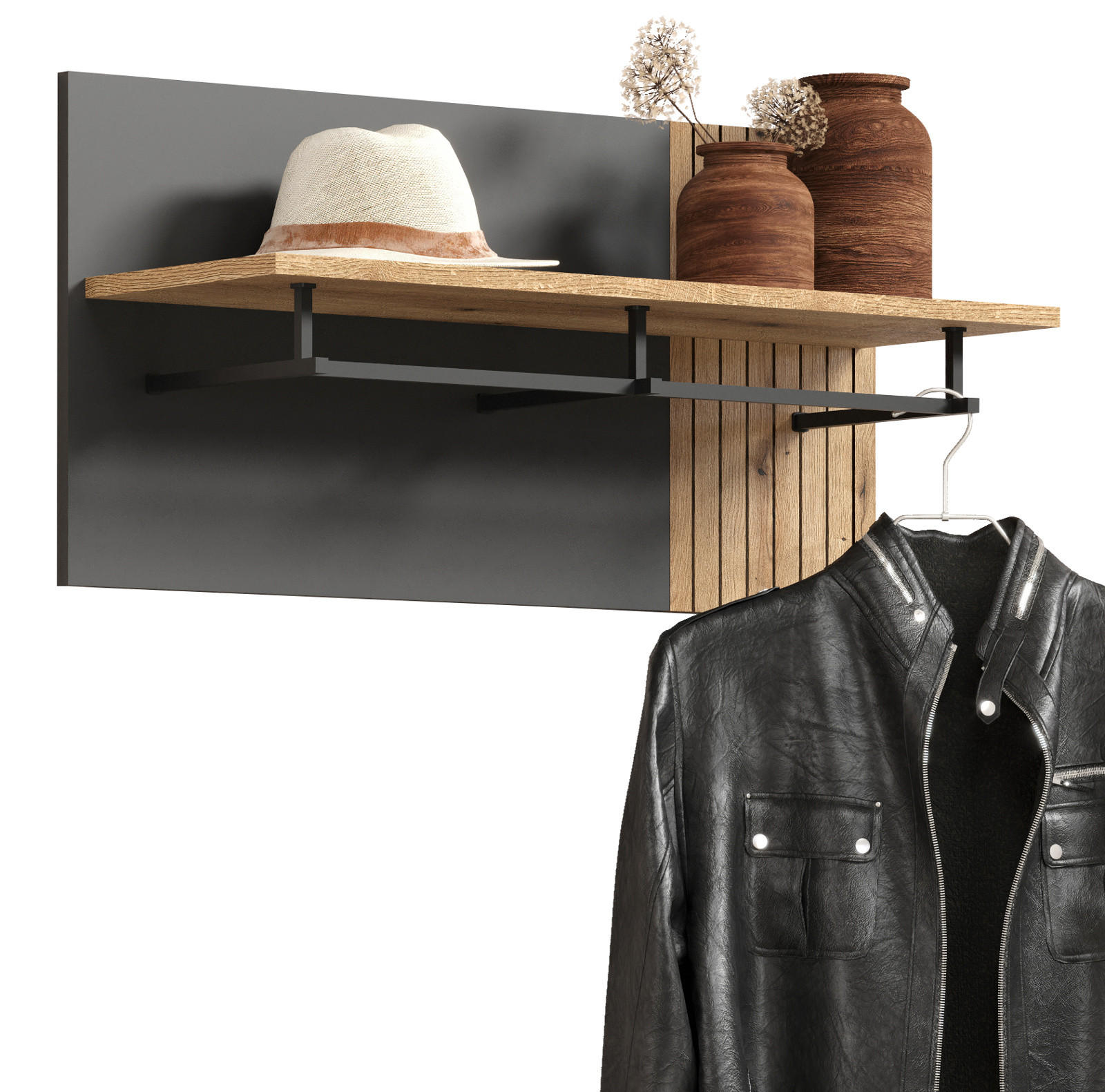 GARDEROBENPANEEL grau, Evoke Eiche 80 x 40 cm, Wandgarderobe mit Kleiderstange - Anthrazit/Grau, Holzwerkstoff (80/40/28cm) - Top.Furn