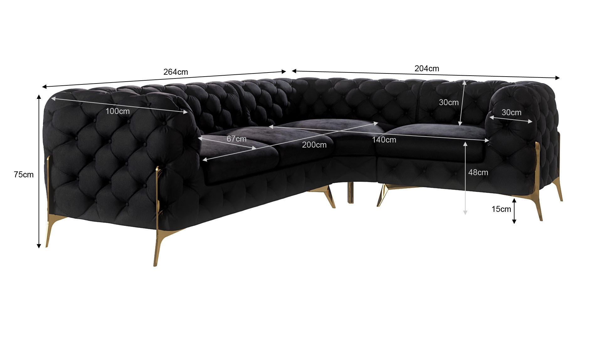 ECKSOFA Chesterfield Lexi Schwarz Samt, Ottomane rechts - Goldfarben/Schwarz, Holz/Textil (264/204cm) - S-Style Möbel