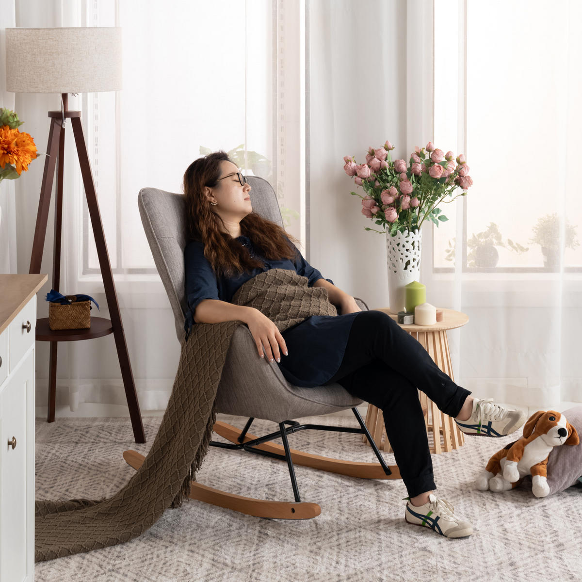 SCHAUKELSTUHL, Metall, Grau - Hellgrau, Holz/Textil (66/97/84cm) - Meubles Cosy