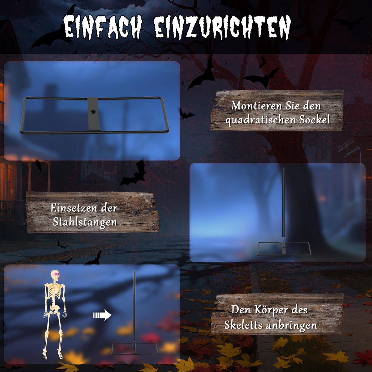 HALLOWEEN-DEKORATION Skelett 152 cm bewegliche Gelenke Beleuchtung - Gelb, Metall (17/152/47cm) - Outsunny
