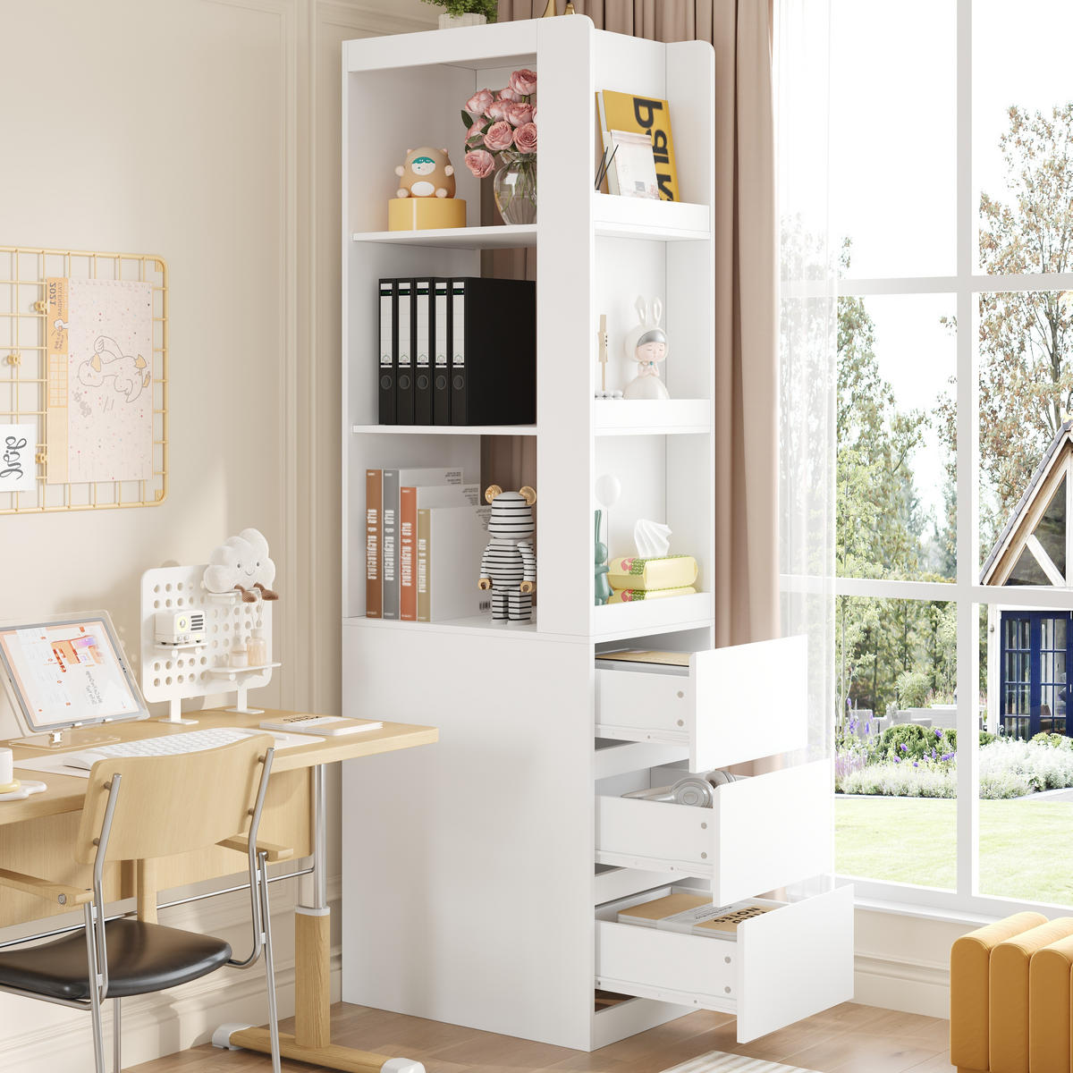 BÜCHERREGAL 60cm 200cm hoch 3 Fächer 3 Schubladen Anti-Kipp - Weiß, Holzwerkstoff (60/200/40cm) - FLIEKS