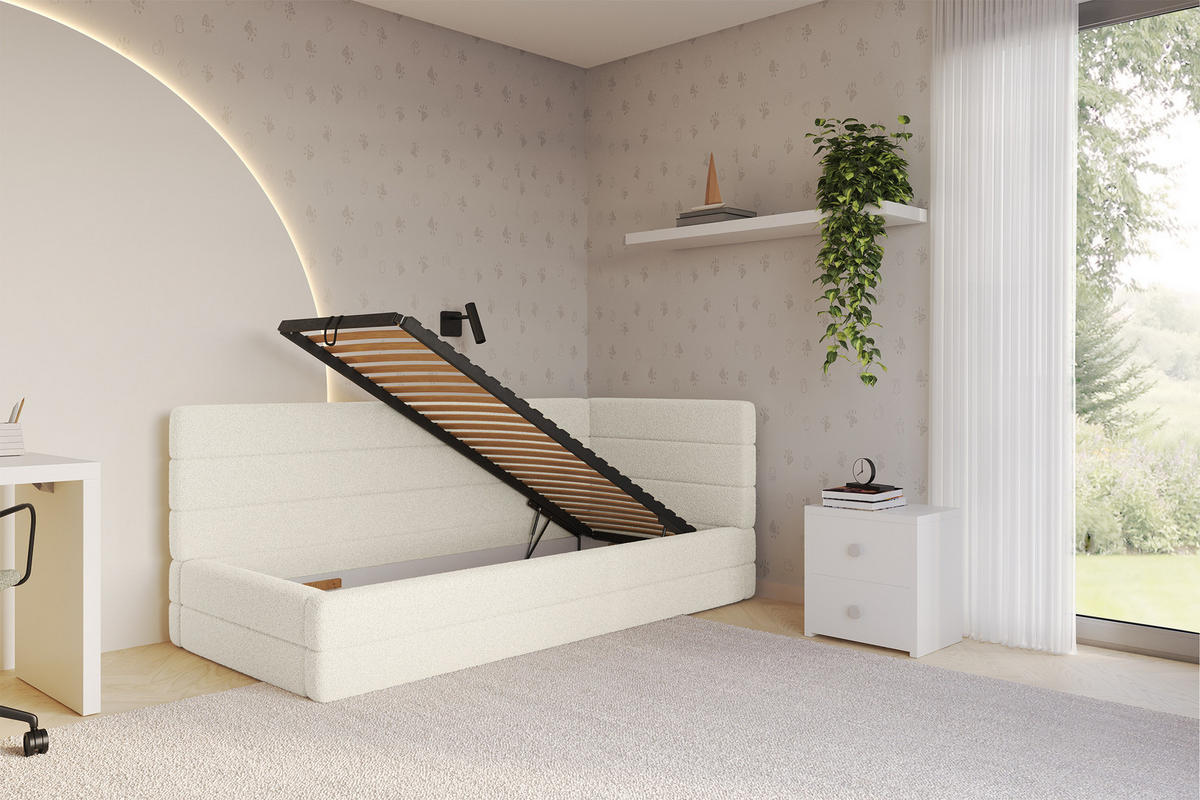 EINZELLBETT Jugendbett mit Bettkasten, Links - BEMY 90x200 Beige - Champagner, Holzwerkstoff/Textil (90/200cm) - ALTDECOR