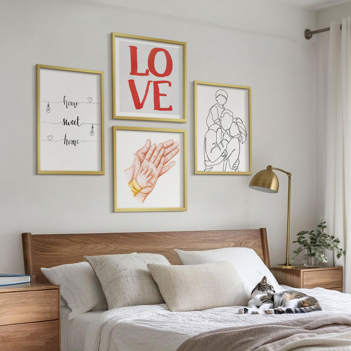 WANDBILDER 4er Set - 50x50 cm & 40x60 cm Goldrahmen - Familienillustrationen Hausschilder - Goldfarben, Kunststoff (50/50cm) - ArtPrintCave