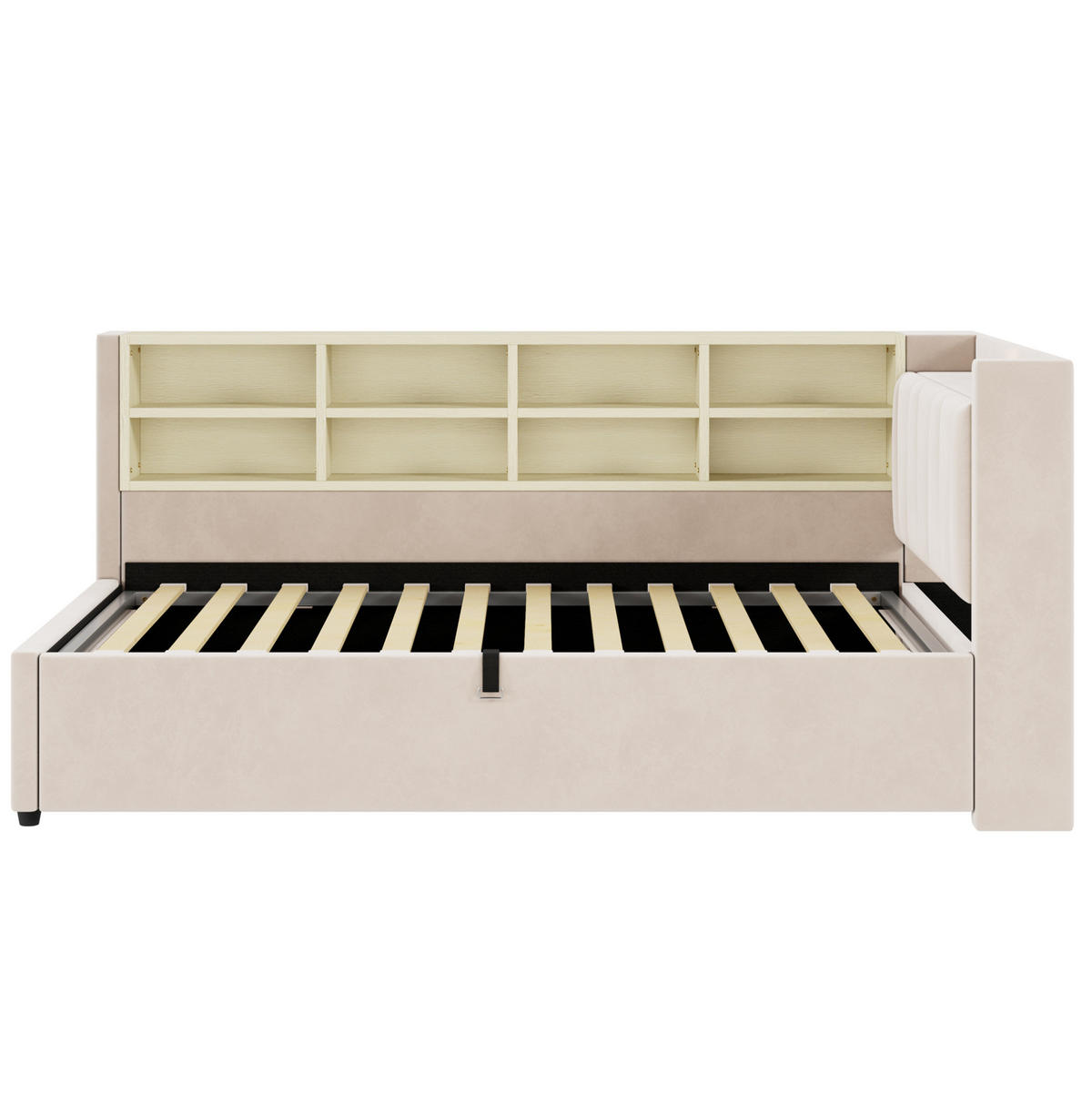 SAMT-POLSTERBETT 90/200 cm mit Bettkasten, USB-C und gepolstertem Kopfteil - Beige, Textil (90/200cm) - BEAOK