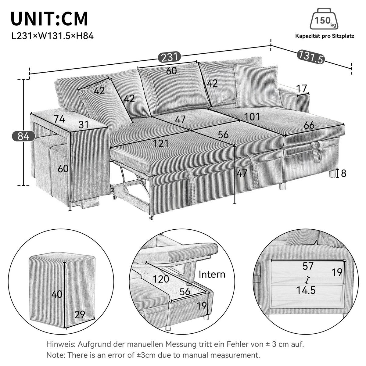 ECKSOFA L-Form 3-Sitzer mit Schlaffunktion und USB-Anschluss Cord Grau 231/131,5/84 cm - Grau, Textil (231/131.5cm) - OKWISH