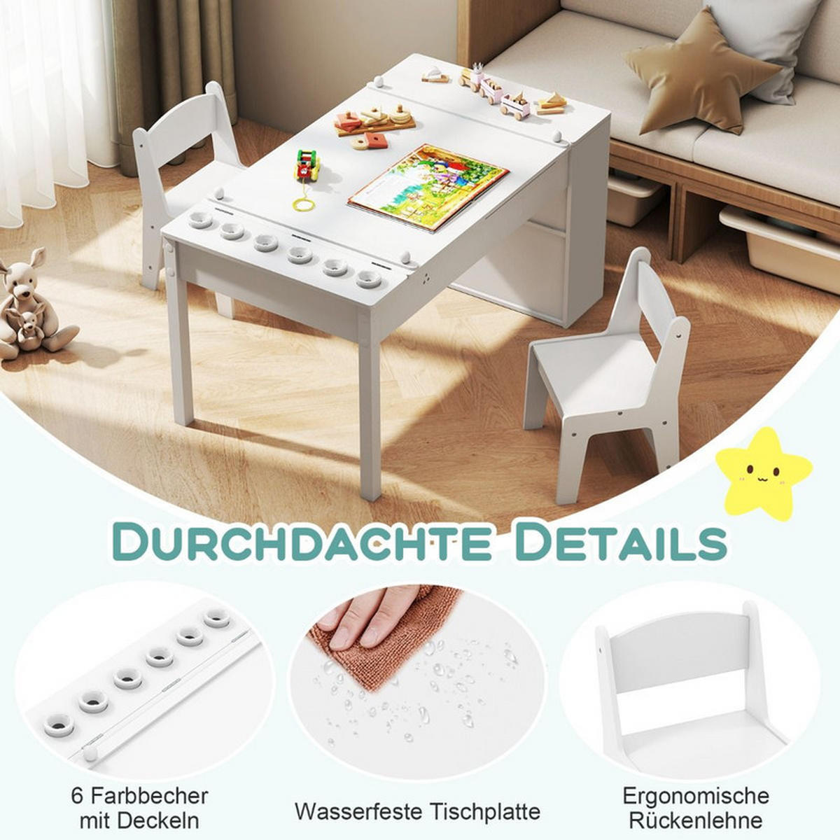 KINDERTISCH mit Stuhl weiß(3-tlg) - Weiß, Holzwerkstoff (109/55/60cm) - COSTWAY