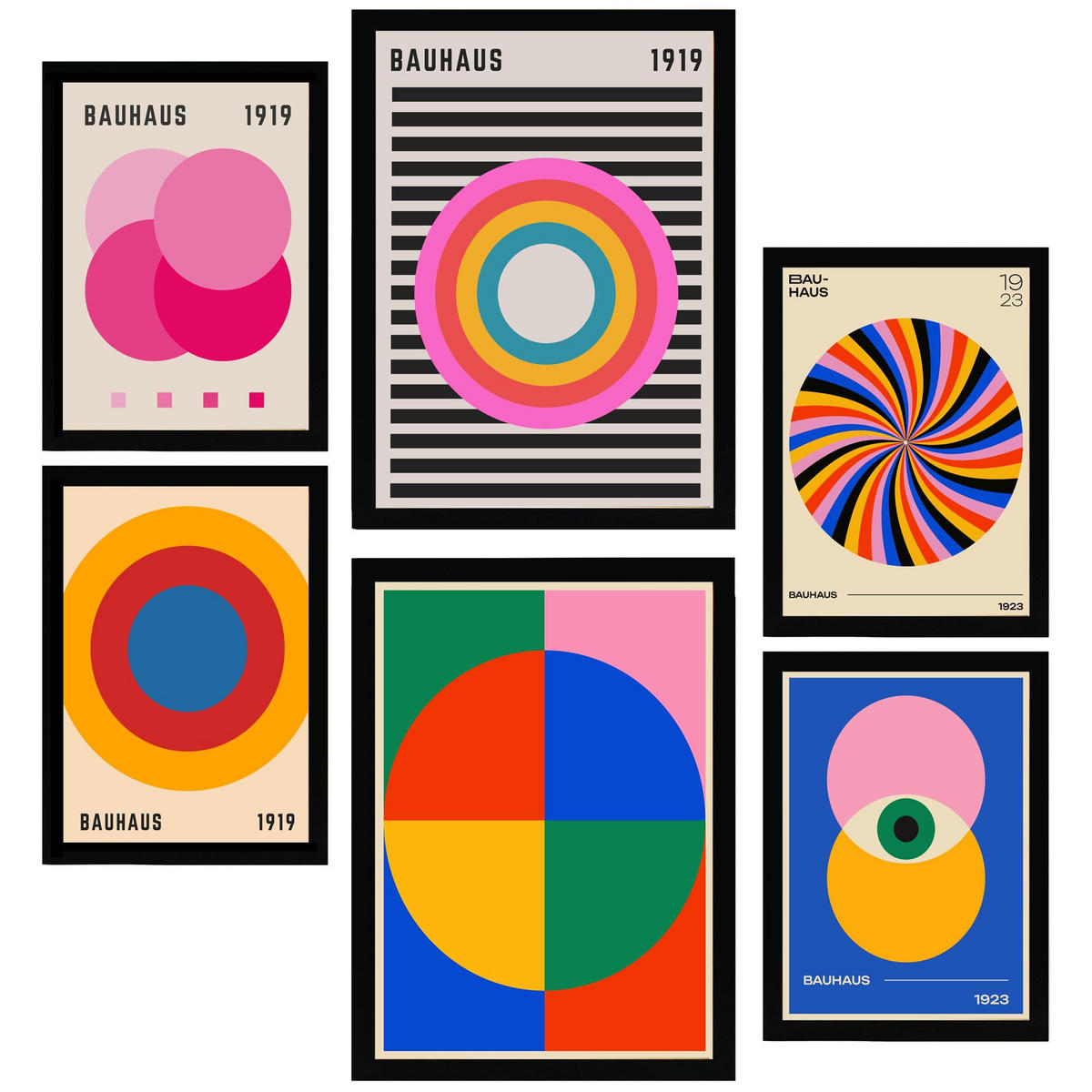 POSTER Set Mit 6 Bauhaus Geometrische Formen In Leuchtenden Farben A3 & A4 Schwarzer Rahmen - Schwarz, Papier (29/3cm) - Nacnic