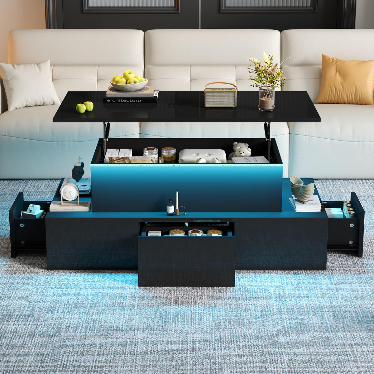 COUCHTISCH 100x50x40 cm Schwarz LED Lift 4 Schubladen Stauraum - Multicolor, Holzwerkstoff (100/50/40cm)