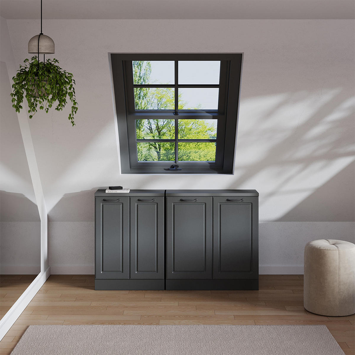 KOMPLET OMAR S POŠEVNO STREHO Rion Antracitna podeželska hiša 140 cm Komplet 2 korpusov omare globina 60 cm - antracit, leseni material (140/83.8/60cm) - Vicco