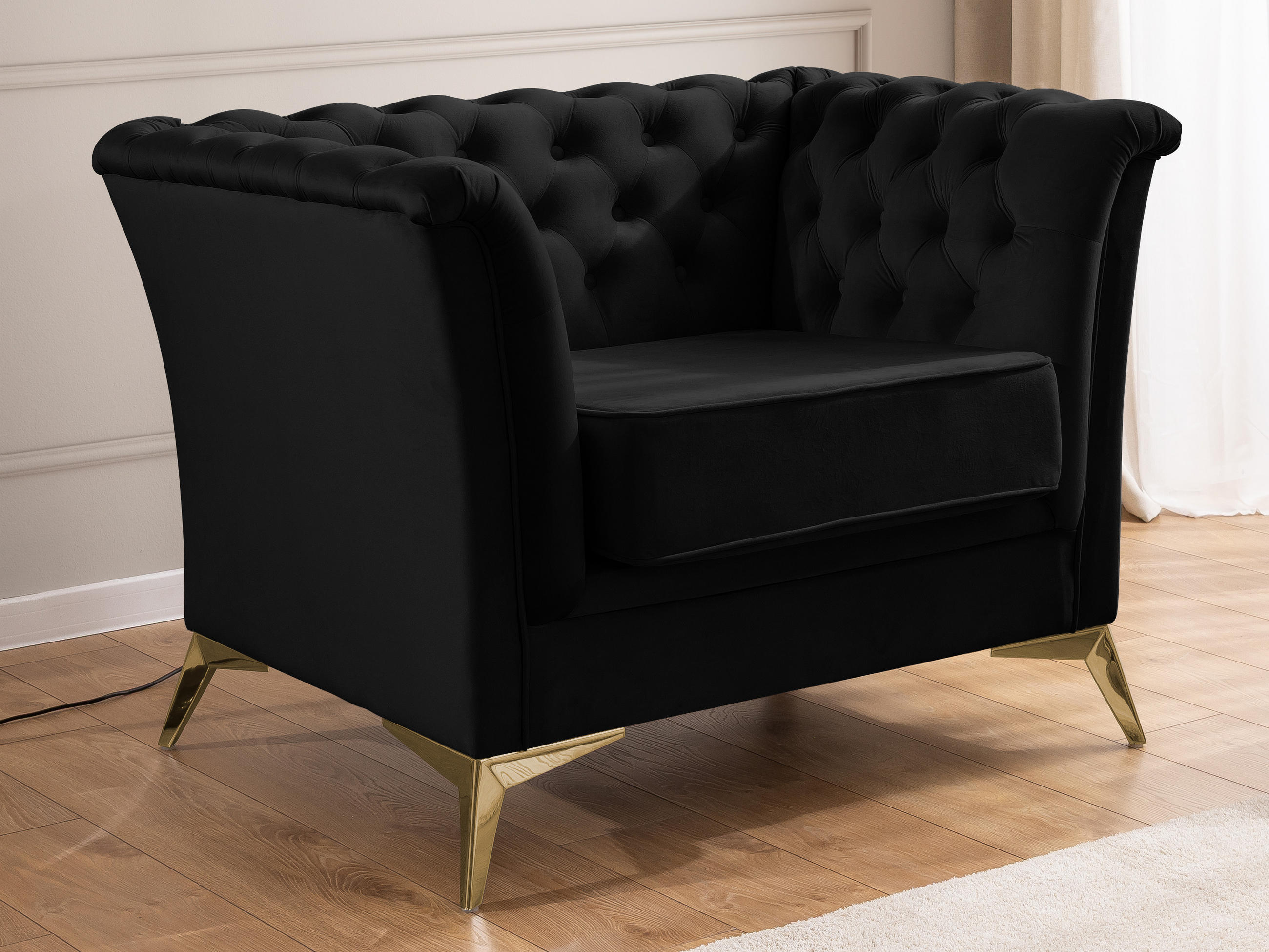 CHESTERFIELD-SESSEL Whitby Schwarz Samt mit goldenen Füßen - Goldfarben/Schwarz, Holz/Textil (116/78/82cm) - S-Style Möbel
