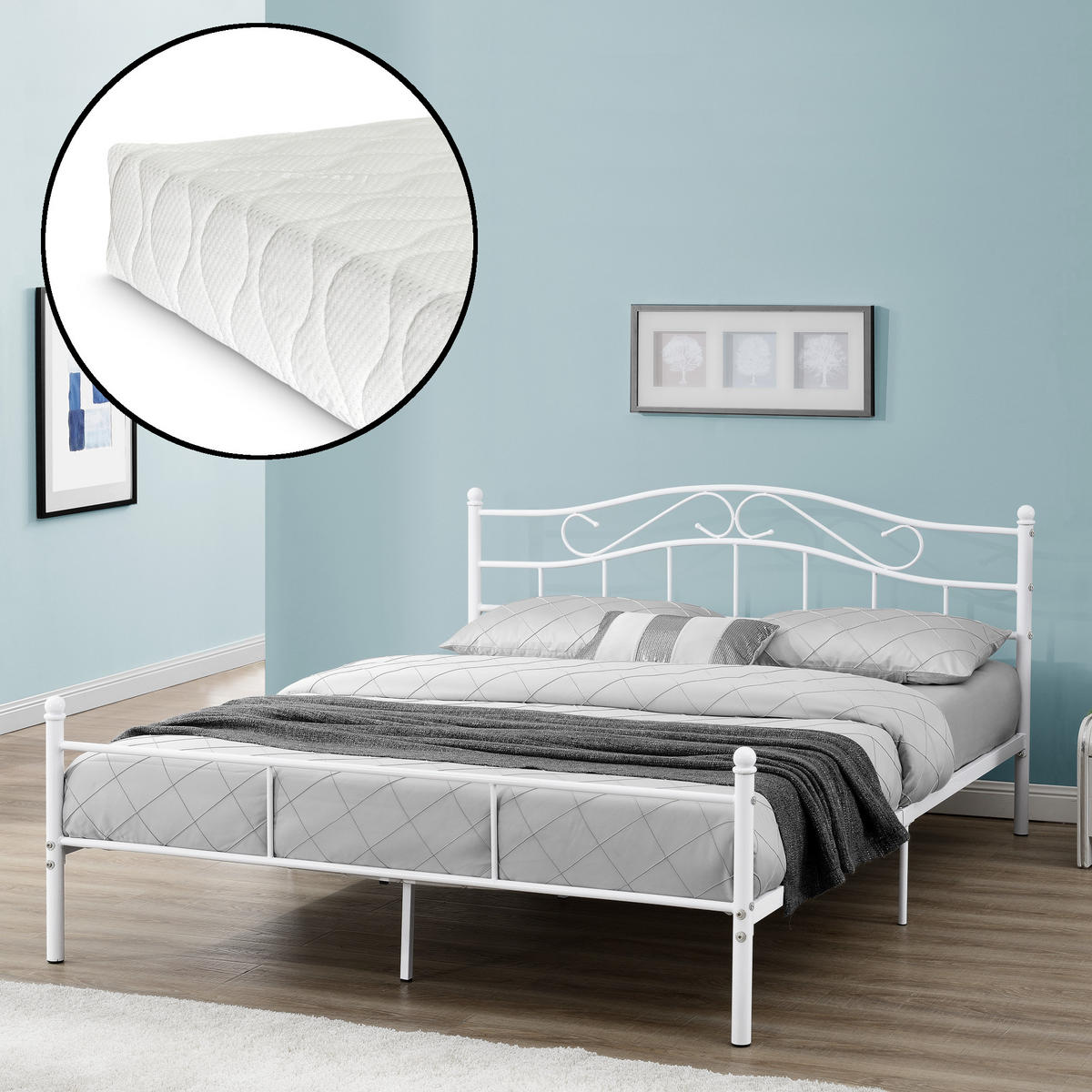 METALLBETT Florenz mit Matratze - Weiß, Textil/Metall (180/200cm) - [en.casa]