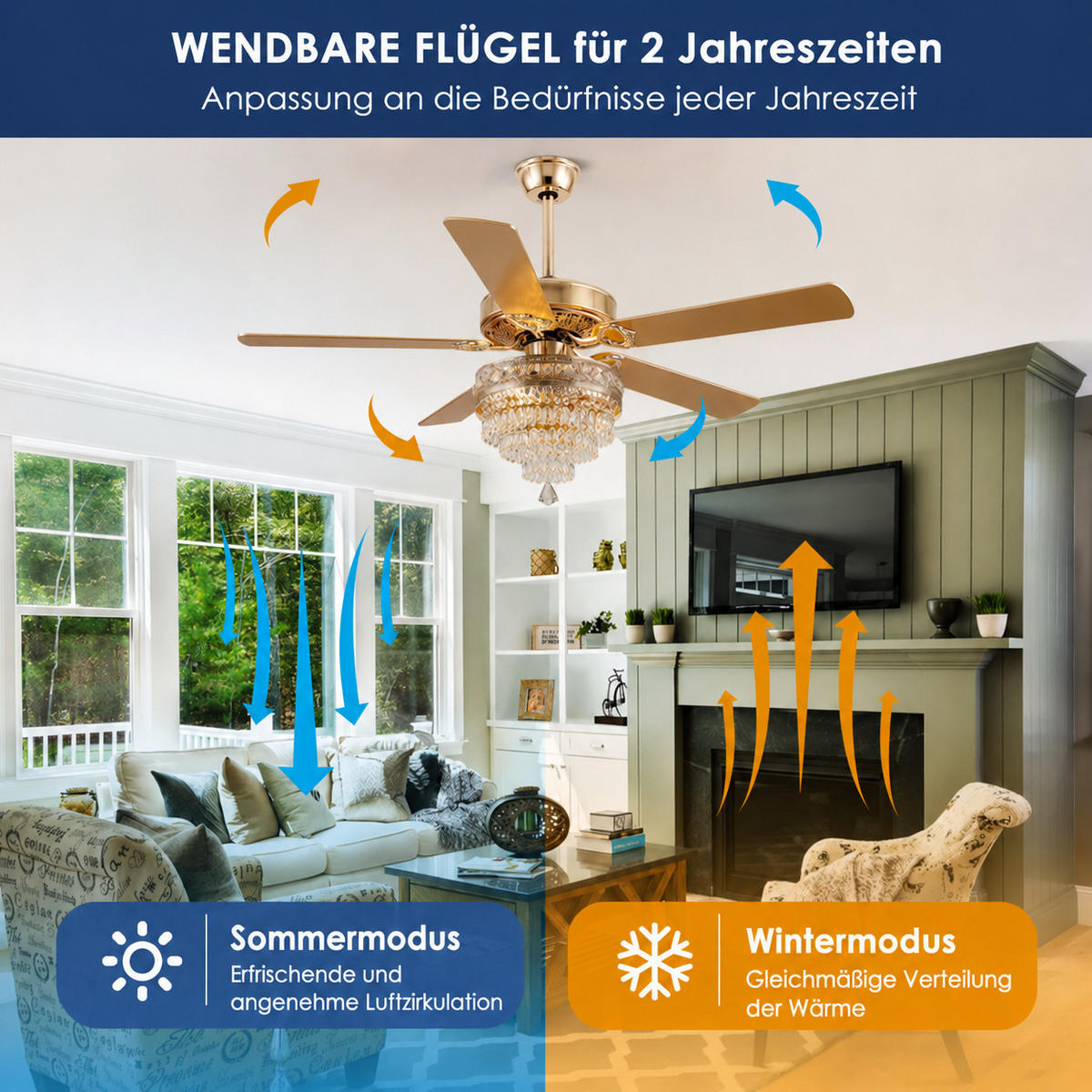DECKENVENTILATOR Goldfarben 132 cm mit Kristallleuchte und Fernbedienung - Goldfarben, Metall (132.1/132.1/59.9cm)